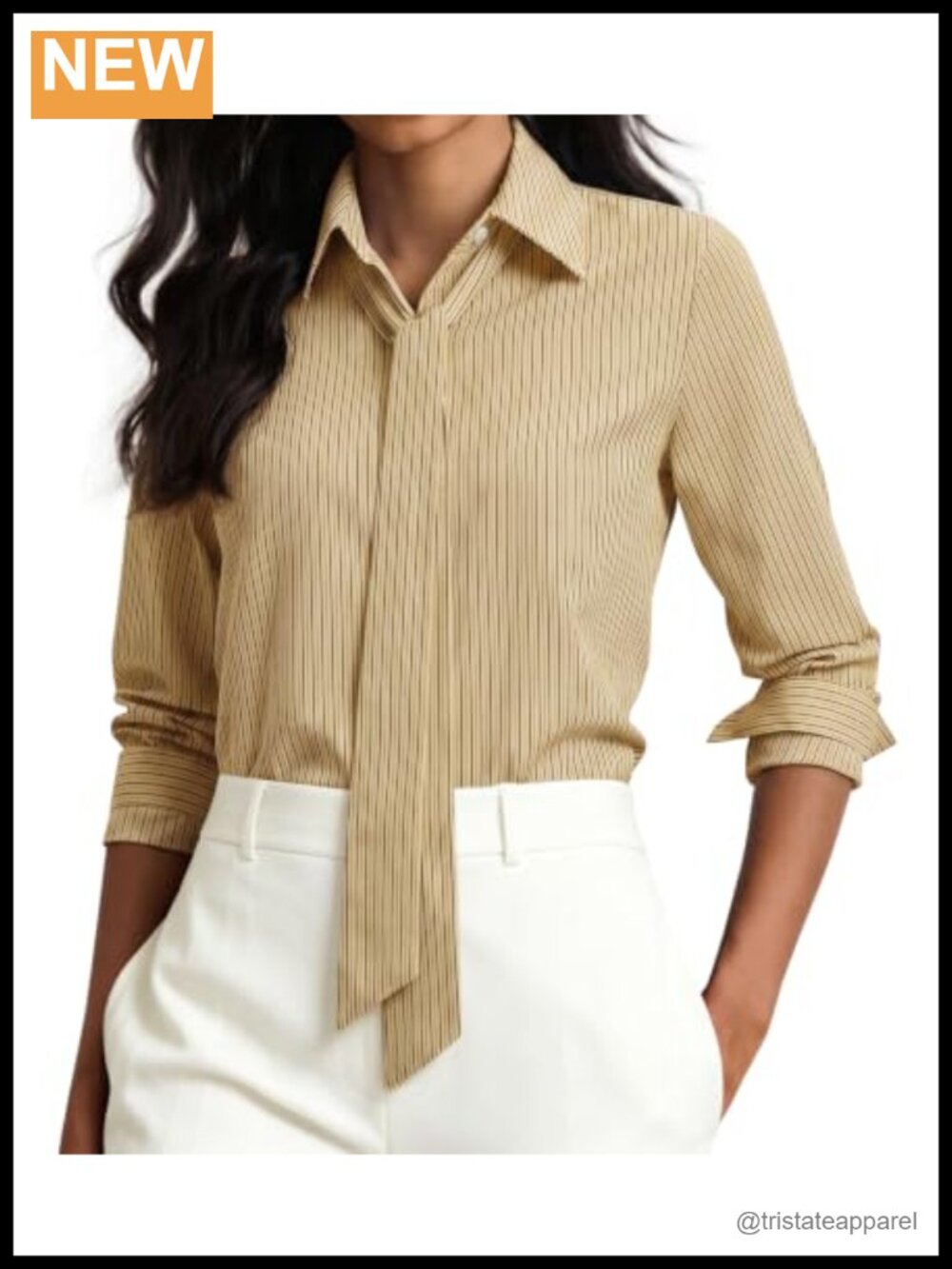 Women's Striped Long Sleeve Cotton Blend Button Down Shirt with Detachable Tie